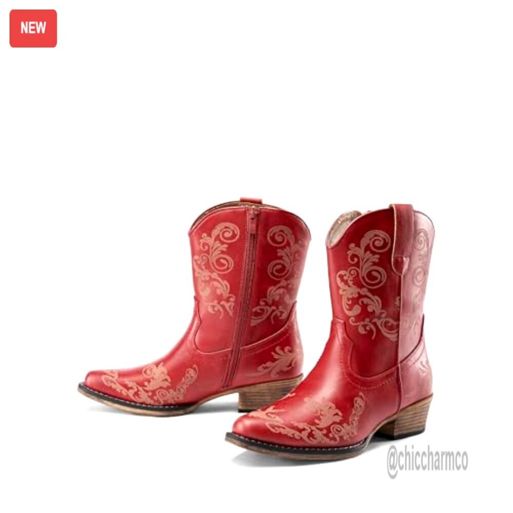 Women's Cowboy Ankle Boots Chunky Heel Square Toe Western Booties - Picture 6 of 7